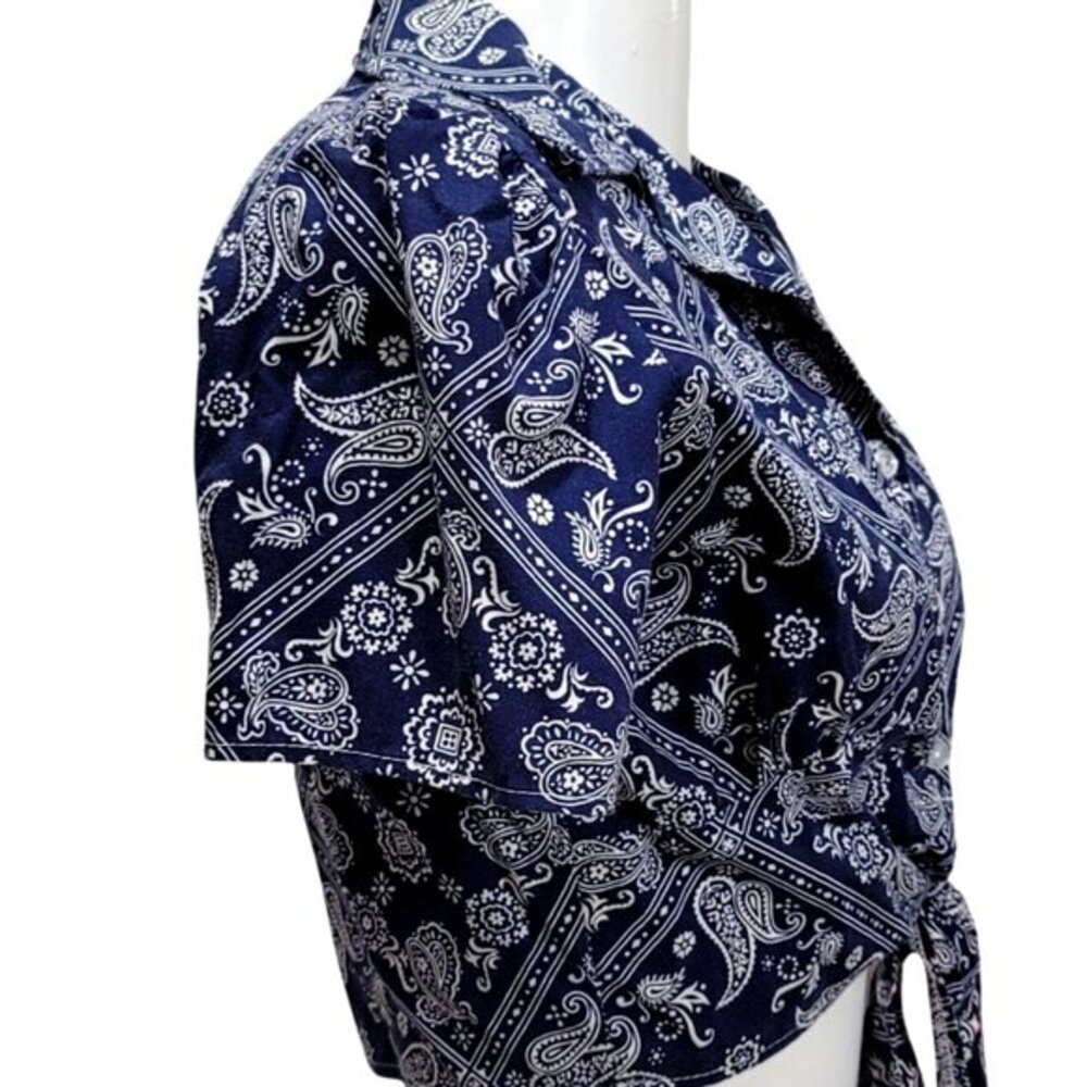 Vintage Bandana Cropped Tie-Front Blouse Short Sleeve L Blue - Picture 5 of 9